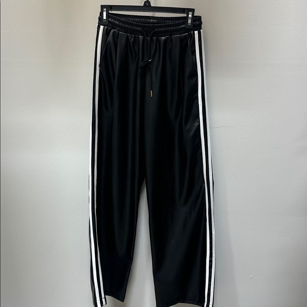 Anthropologie Black Wide-Leg Track Pants with White Side Stripe - Picture 5 of 12